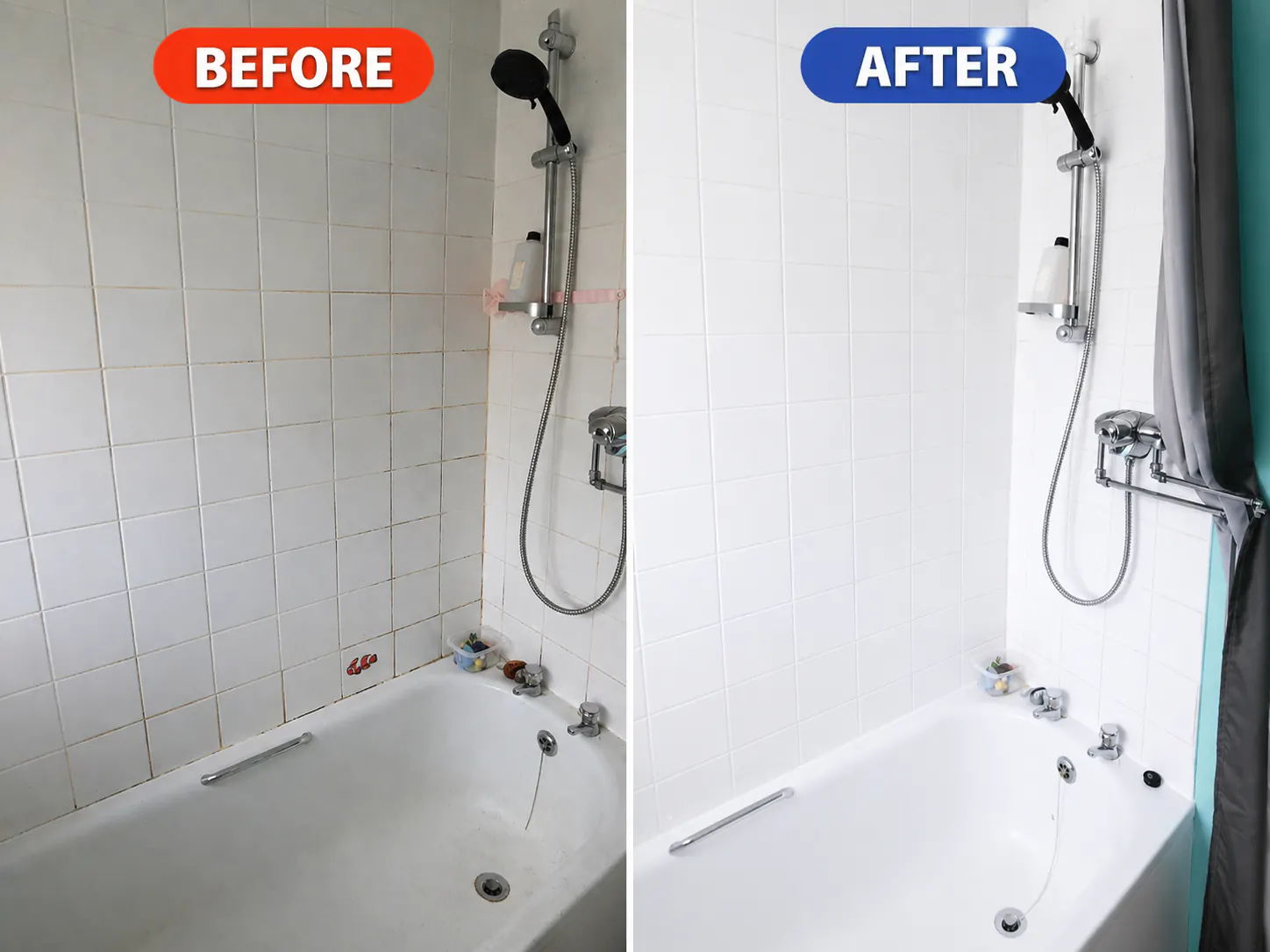 Bath and wall tiles before and after cleaning