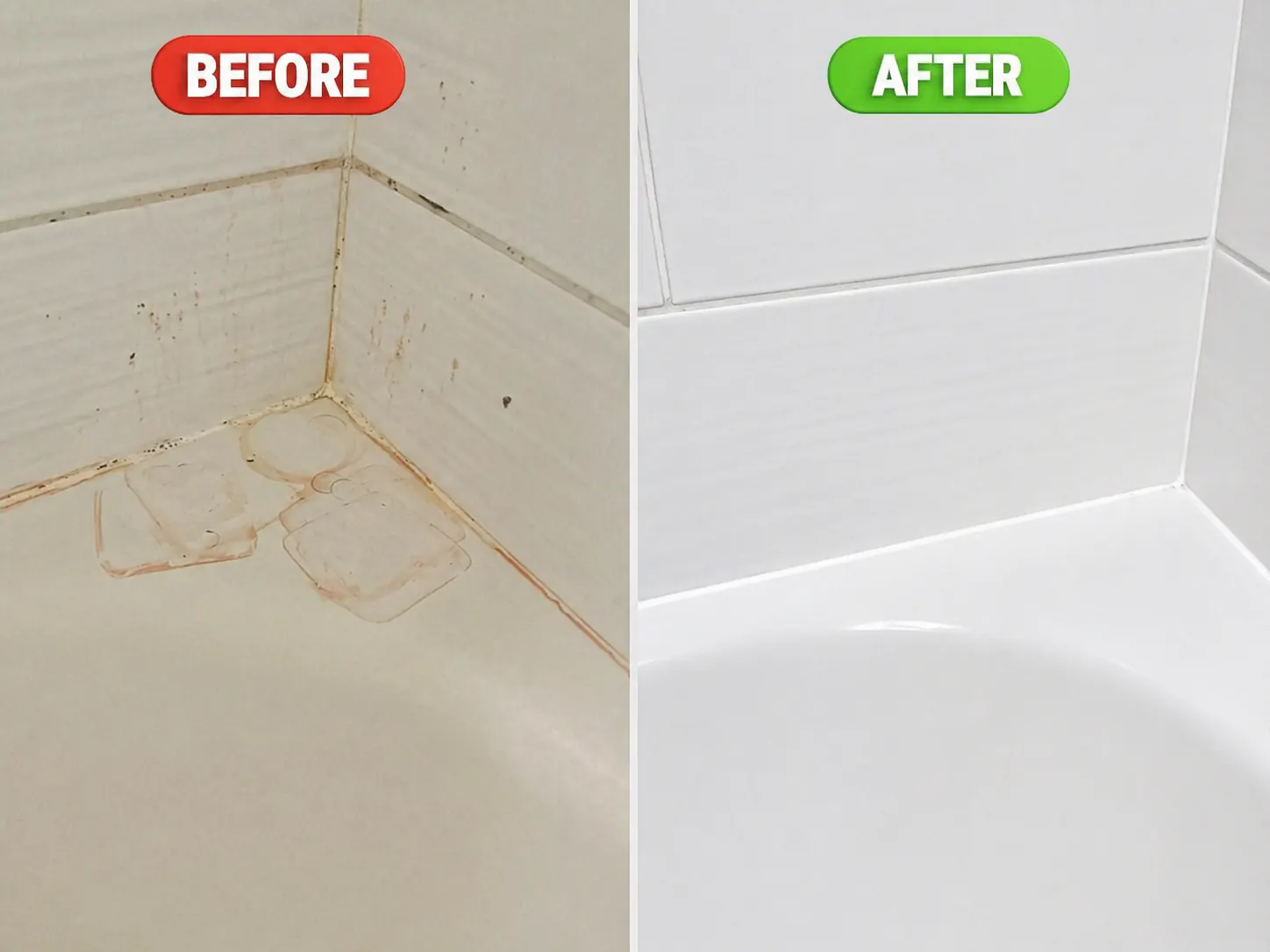 Corner of a bath before and after a deep clean