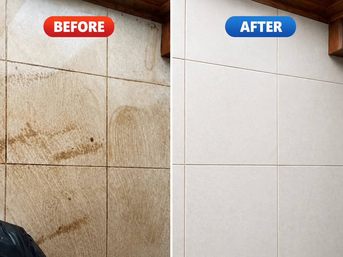 Kitchen wall tiles before and after grease was cleaned