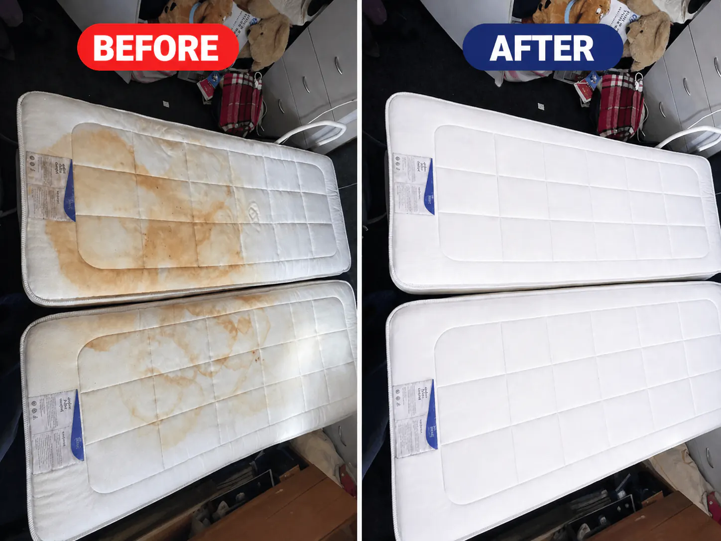 Stained mattress before and after cleaning