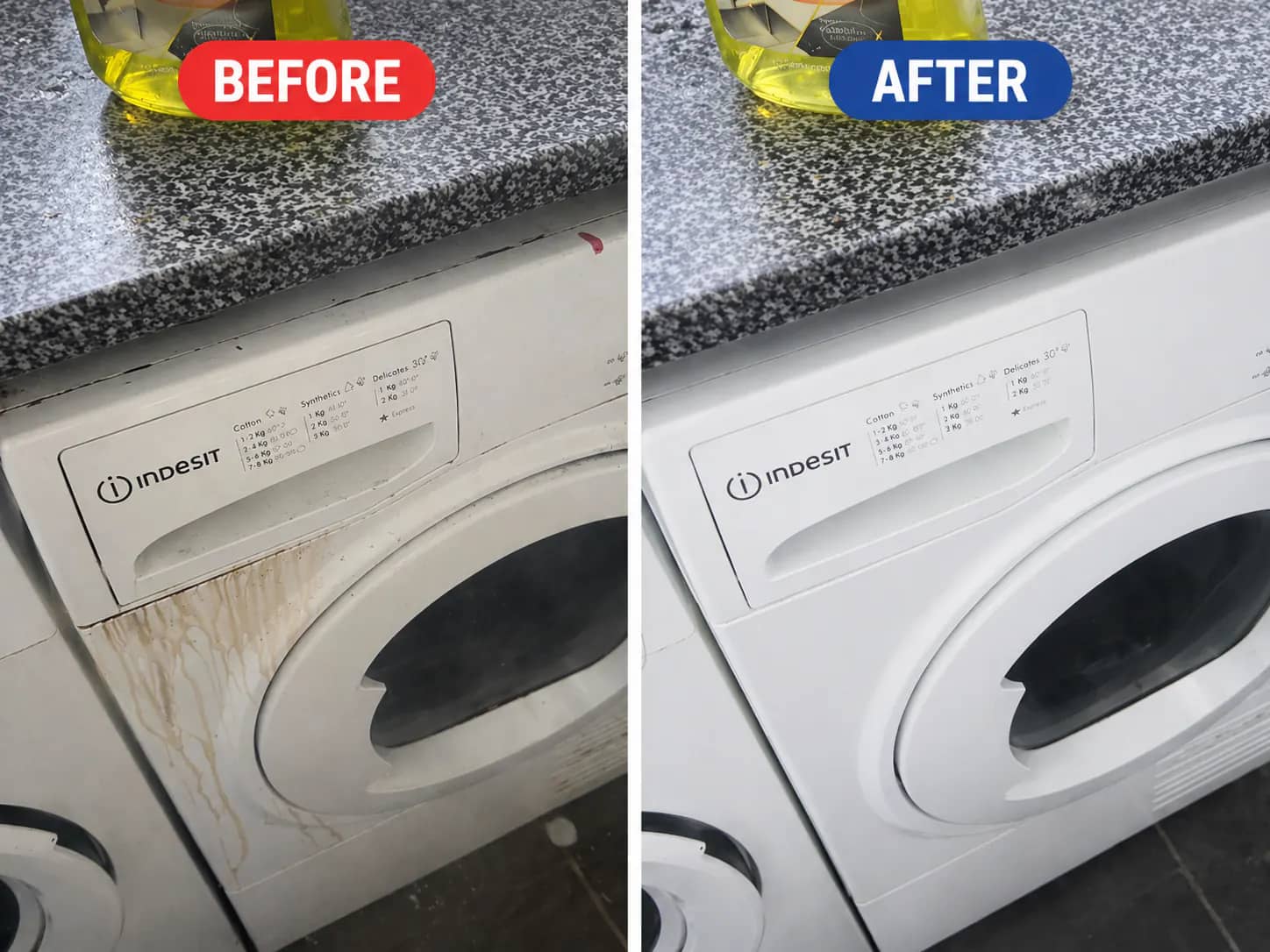 Washing machine exterior before and after cleaning