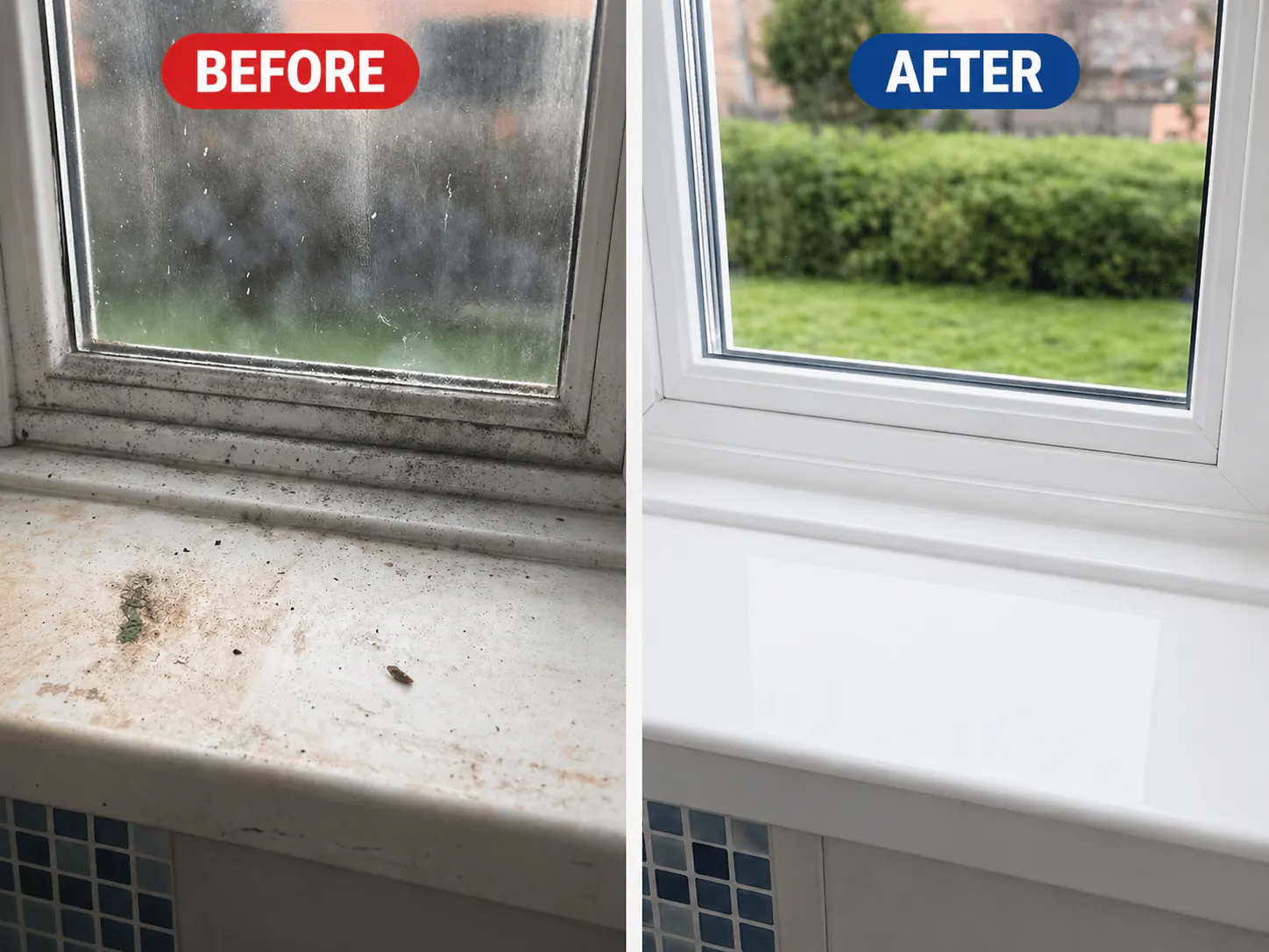 Window sill and frame before and after cleaning
