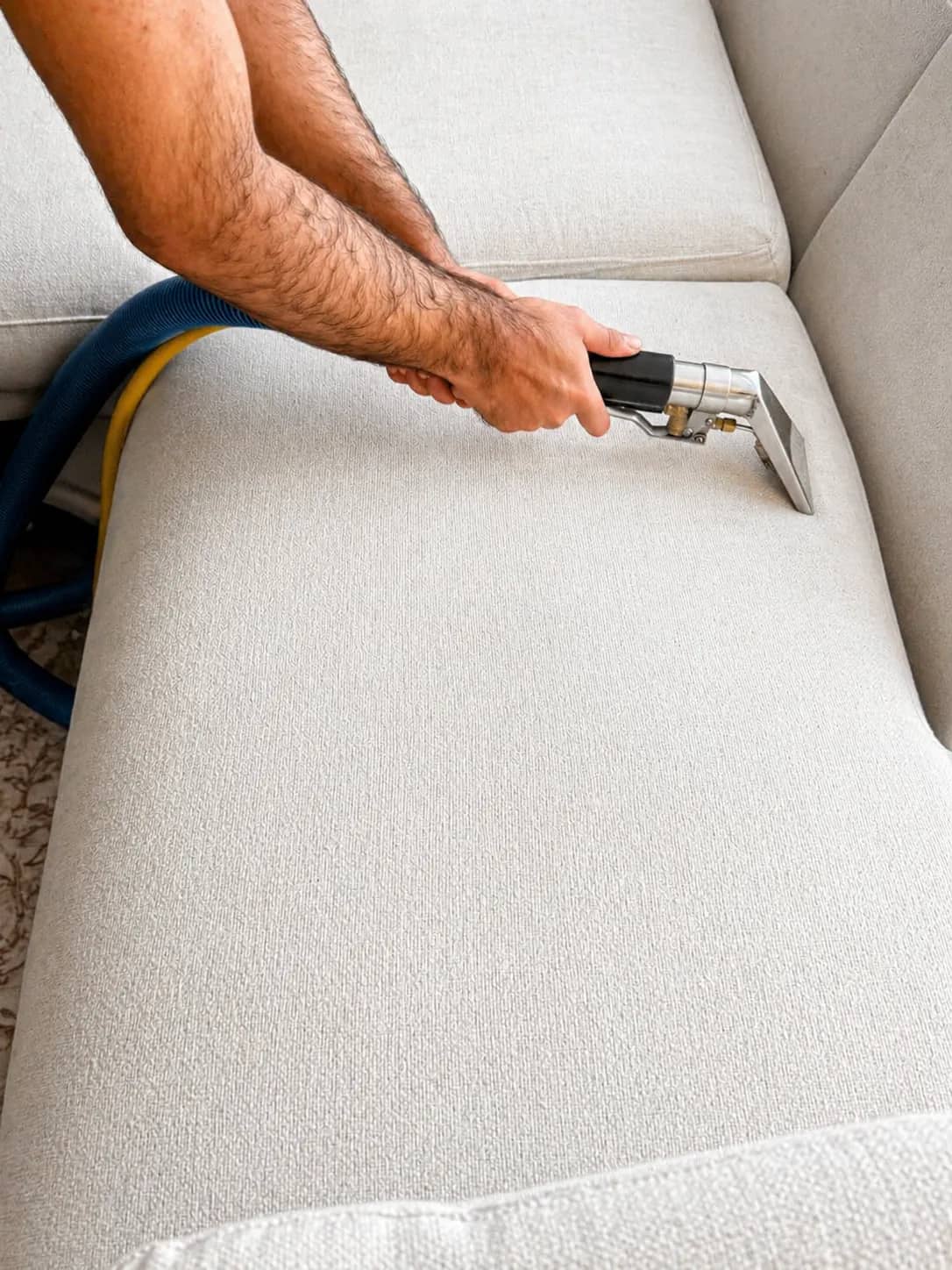 Fabric sofa being cleaned